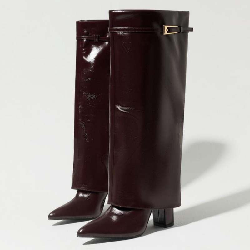 Women'S Shoes Burgundy - Retro bordeauxrode kniehoge hakken voor dames,